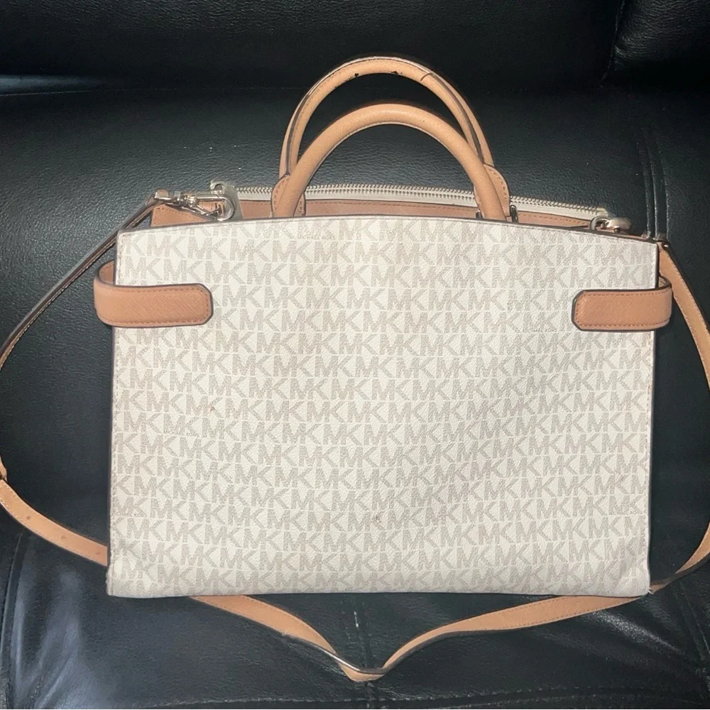 Michael Kors Cream and Tan MK Monogram Satchel